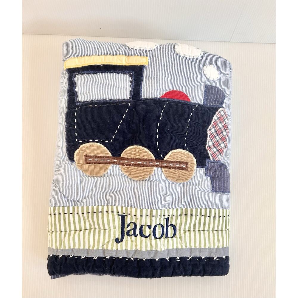 Pottery Barn Kids Ryder Train Quilted Standard Sham “Jacob” Embroidered Blue